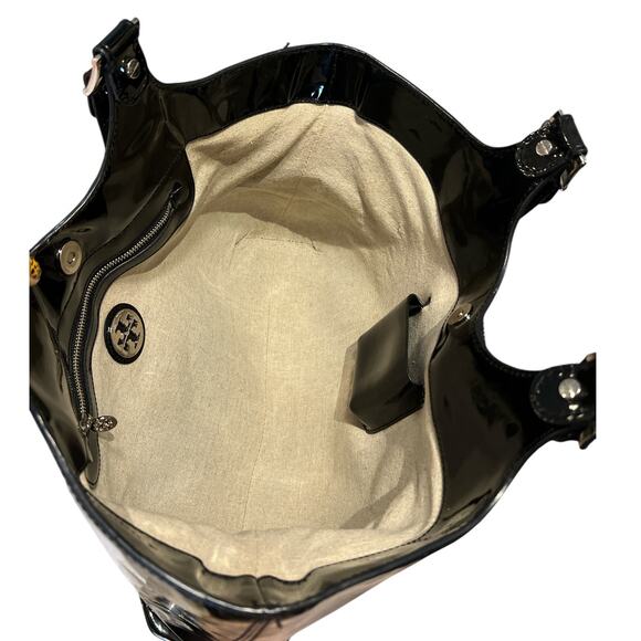 Vtg Tory Burch Perforated Logo Patent Tote Bag Purse Black Career Work Carry All - Picture 11 of 13